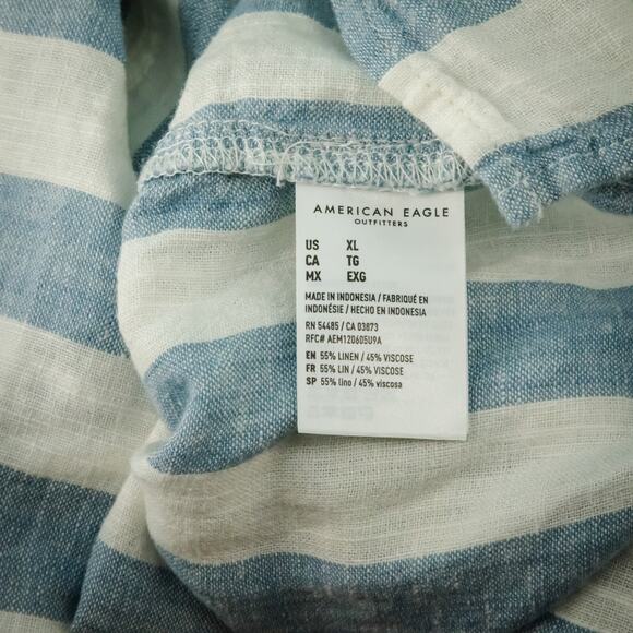 American Eagle Size XL Blue White Linen Blend Stripe Button Down Crop Top Blouse - Picture 5 of 8